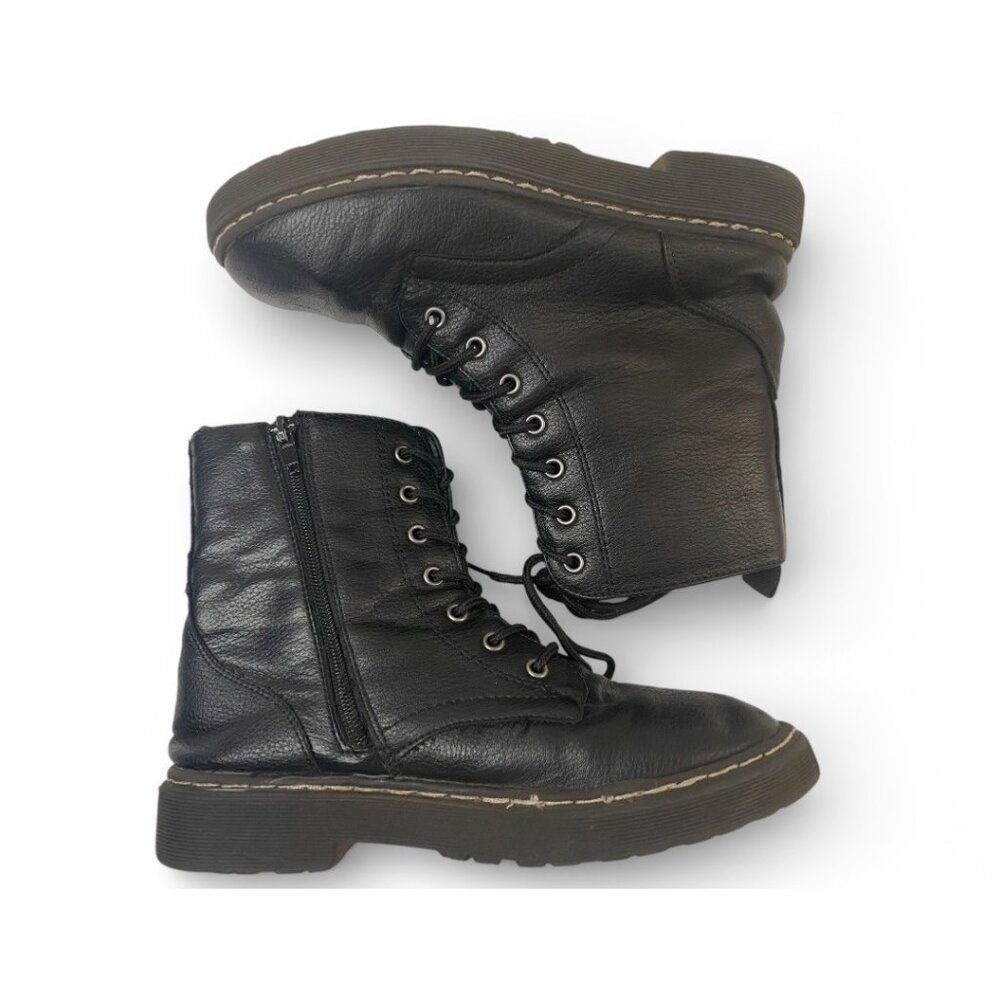 Black Lace-Up Boots With Side Zippers For Girls Size 5 Faux Leat - Picture 1 of 8